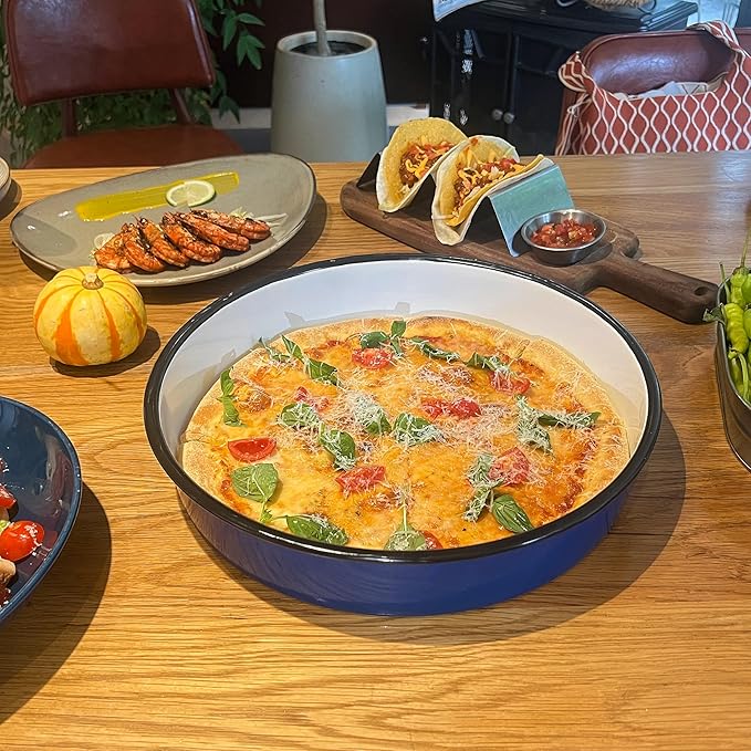 3-Pack Enamel Roasting & Baking Pan Set 10/12/14 Inch Round Deep Cake Pans for Turkey Pizza Casseroles Desserts Oven & Dishwasher Safe up to 932F Thanksgiving Holiday Gifts & Baking Dishes