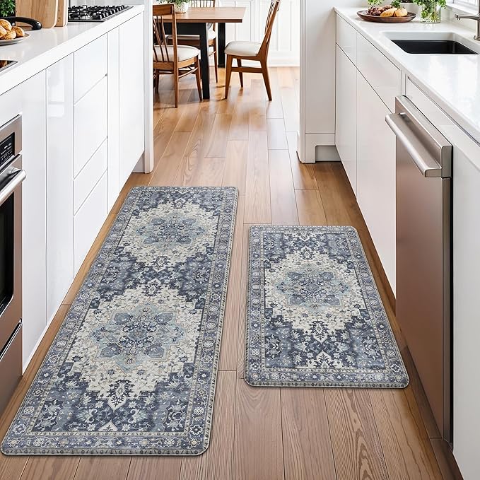 GENIMO Kitchen Mats for Floor 2PCs, Washable Anti Fatigue Mat for Cushioned, 17.3"x47"+17.3"x30", Waterproof Kitchen Rugs, Non Slip Comfort Standing Mat Rug for Home, Sink, Laundry, Center Blue