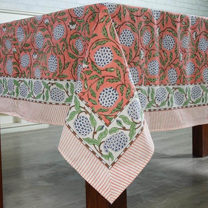 Ridhi Dark Salmon Pink 70 x 108 Inches Rectangular Cotton Washable Tablecloth, Hand Block Print Floral, for Kitchen, Dining, Spring, Easter, Wedding, Birthday, Bridal