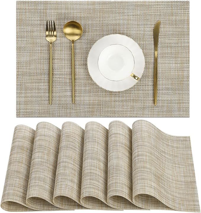 SHACOS Placemats Set of 6 Woven Vinyl Place Mats Wipeable Heat Resistant Stain Resistant Table Mats Indoor Outdoor, Beige