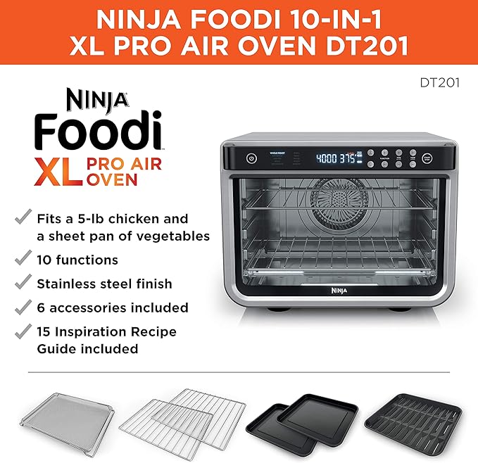 Ninja Air Fryer & Toaster Oven | Foodi Series, XL Pro Air Oven Kitchen Countertop Convection | 10-in-1 Functions | Fits a 5-lb Chicken & Sheet Pan of Vegetables | 1800 Watts | Stainless Steel | DT201