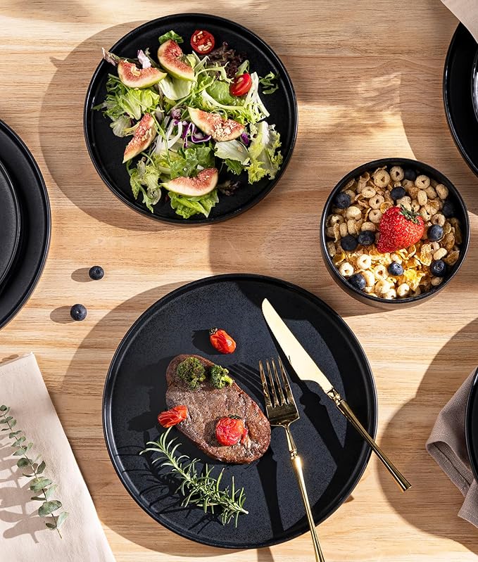 TheTerra Ceramic Dinnerware Sets for 6, 18 Pieces Handmade Reactive Glaze Plates and Bowls Set, Scratch Resistant Dish Set, Oven & Microwave & Dishwasher Safe, Matte Black