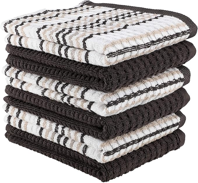 CRAFTSWORTH Kitchen Towels, 15 x 26 Inches, Pack of 6, 400 GSM, 100% Ring Spun Cotton, Solid & Stripe Beige Dish Towels Super Soft and Absorbent, Tea Towels and Bar Towels