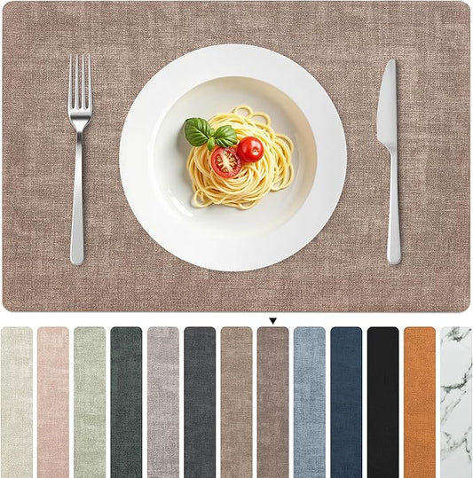 FROMHEART Faux Leather Placemats Set of 4–Waterproof,Heat/Oil Stain-Resistant PU Table Mat–Reversible,Non-Slip,Easy to Clean Place Mats for Kitchen,Dining,Indoor/Outdoor,(Dark Coffee,11.8" x 17")