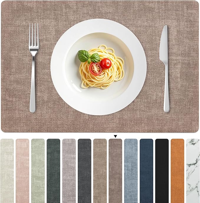 FROMHEART Faux Leather Placemats Set of 8–Waterproof,Heat/Oil Stain-Resistant PU Table Mat–Reversible,Non-Slip,Easy to Clean Place Mats for Kitchen,Dining,Indoor/Outdoor,(Dark Coffee,11.8" x 17")