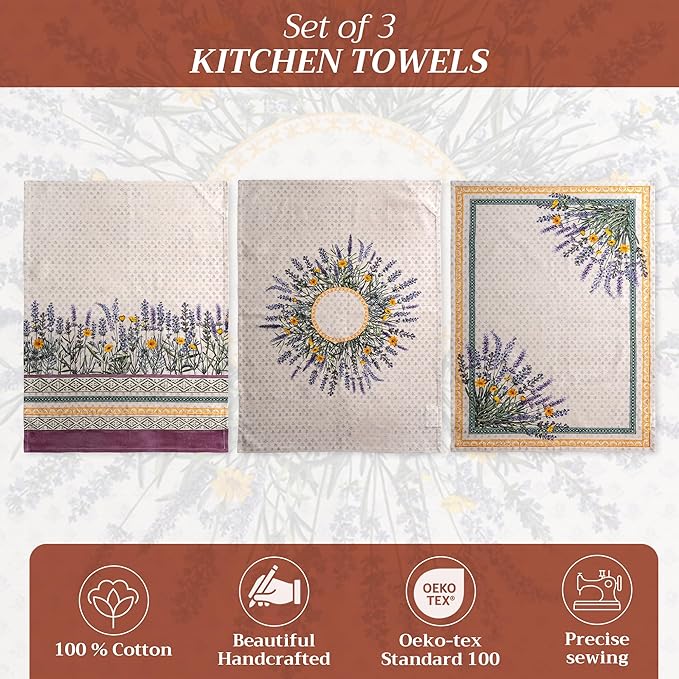Maison d' Hermine Kitchen Towels Set of 3 100% Cotton 27.50" x 20" Reusable Cloth Tea Dish Towels Absorbent with Hanging Loop for Kitchen, Home, Dining, Cocktail Parties Spring/Summer (Fanny Lavender)