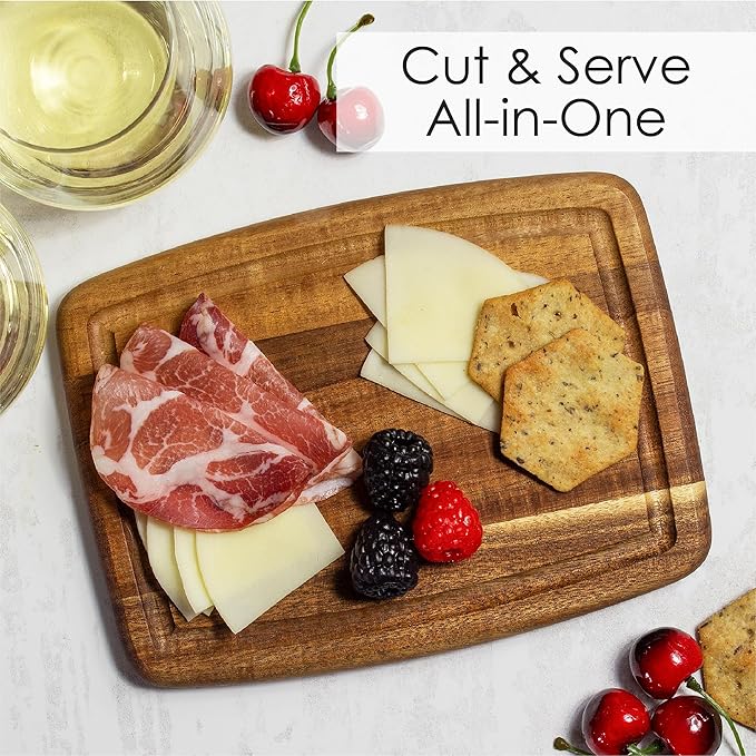 TB Home Acacia Wood Cutting Board with Juice Groove, Small Wooden Cutting Board for Kitchen, 8" x 6" x 5/8"