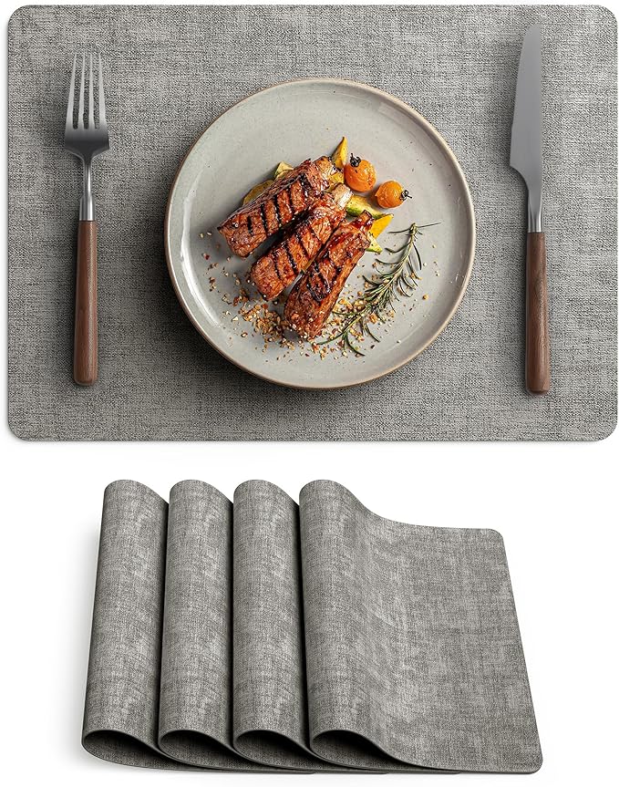 Faux Leather Vinyl Placemats Set of 4 Wipeable Heat Resistant Place Mats 100% Washable - Waterproof - Anti Slip Reversible Table Mats for Kitchen/Dining/Party/Outdoor, 12" x 16.5", Dark Grey