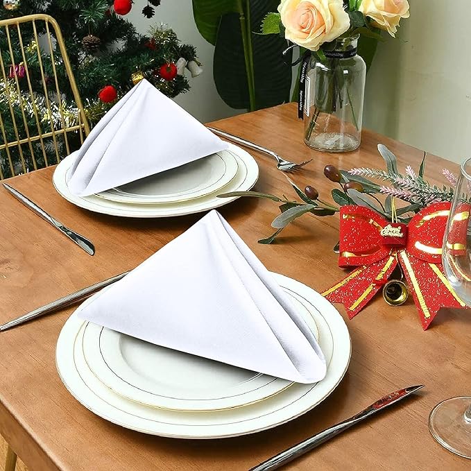 Ruvanti Cloth Napkins Set of 4, 18x18 Inches Napkins Cloth Washable, Soft, Durable, Absorbent, Cotton Blend. Table Dinner Napkins Cloth for Hotel, Lunch, Restaurant, Wedding Parties - White