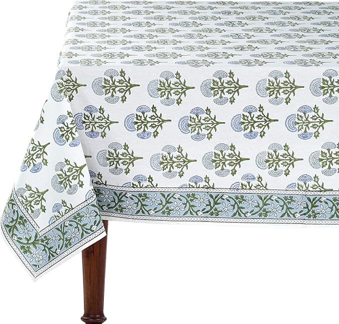 Ridhi Mughal Buta Blue Hand Block Print Cotton Rectangle Tablecloth 120 x 60 inch-Reusable Table Cover Decorative Everyday Use for Dining Room, Farmhouse, Thanksgiving, Christmas Wedding, Fall