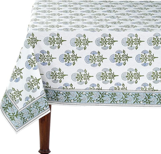 Ridhi Mughal Buta Blue Hand Block Print Cotton Rectangle Tablecloth 108 x 70 inch-Reusable Table Cover Decorative Everyday Use for Dining Room, Farmhouse, Thanksgiving, Christmas Wedding, Fall