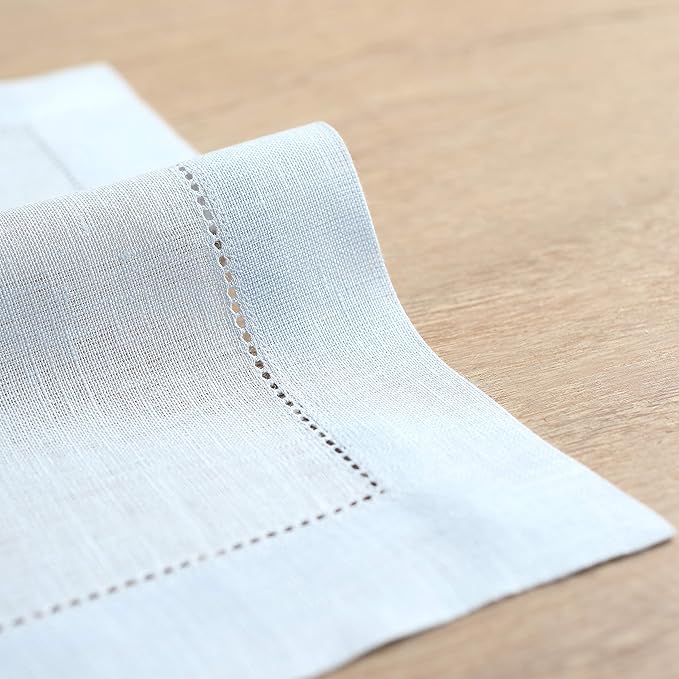 Solino Home Linen Cloth Placemats Set of 6-100% Pure Linen Hemstitch Light Blue Placemats 14 x 19 Inch - Classic Hemstitch Table Place Mats for Christmas, Winter