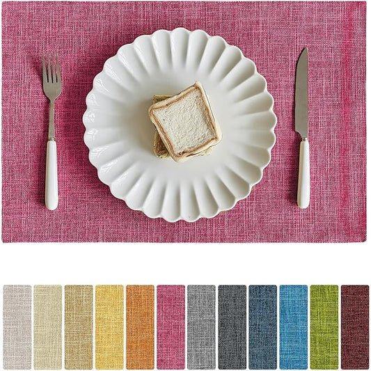 Softalker Faux Linen Placemats Set of 4-12 x 18 Inch, Heat Resistant Double Layered Durable Burlap Farmhouse Place Mats, Non-Slip Washable Rustic Table Mats for Dining, Kitchen, Party（Pink