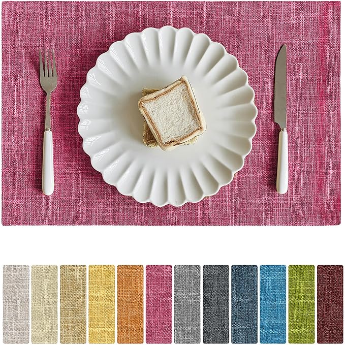Softalker Faux Linen Placemats Set of 8-12 x 18 Inch, Heat Resistant Double Layered Durable Burlap Farmhouse Place Mats, Non-Slip Washable Rustic Table Mats for Dining, Kitchen, Party（Pink