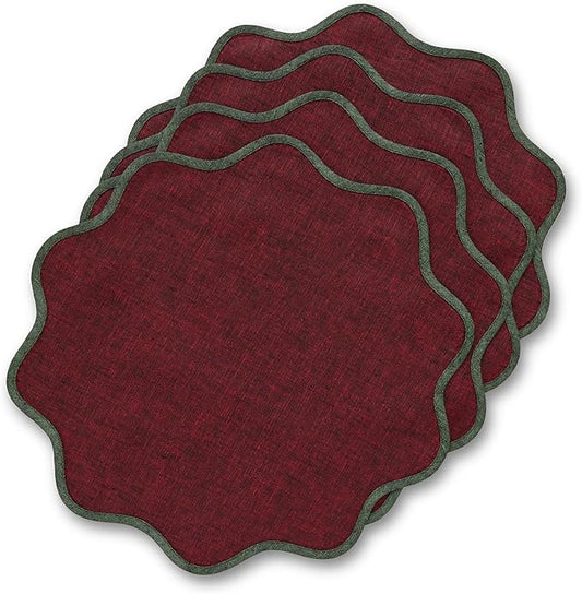 Solino Home Linen Placemats Set of 4-100% Pure Linen Forest Green and Red Garnet Round Cloth Placemats 16 Inch for Fall, Autumn, Thanksgiving - Giselle Scallop Edge, Handcrafted and Machine Washable