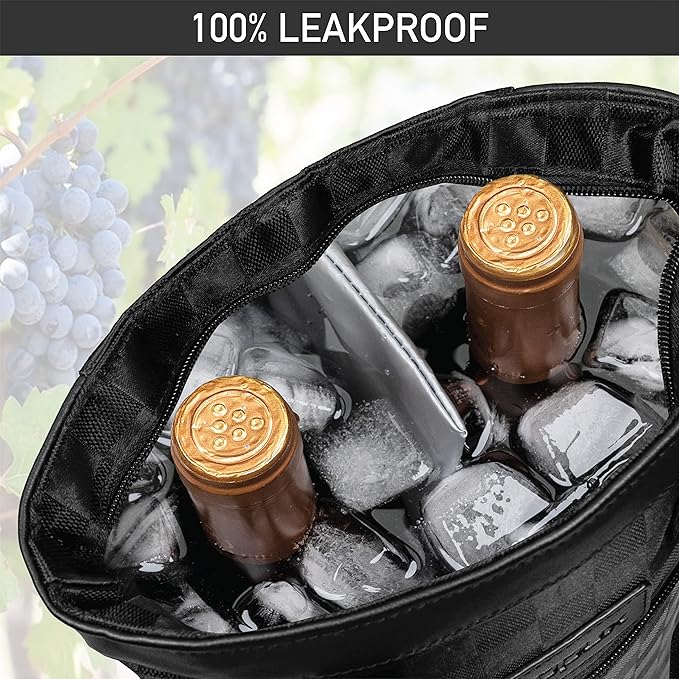 opux Two Bottle Wine Bag Carrier Tote, Insulated Leakproof 2 Bottle Wine Cooler Bag for Travel BYOB Picnic, Portable Wine Case, Gift for Men Women Wine Lover Birthday Party Christmas, Checker Black