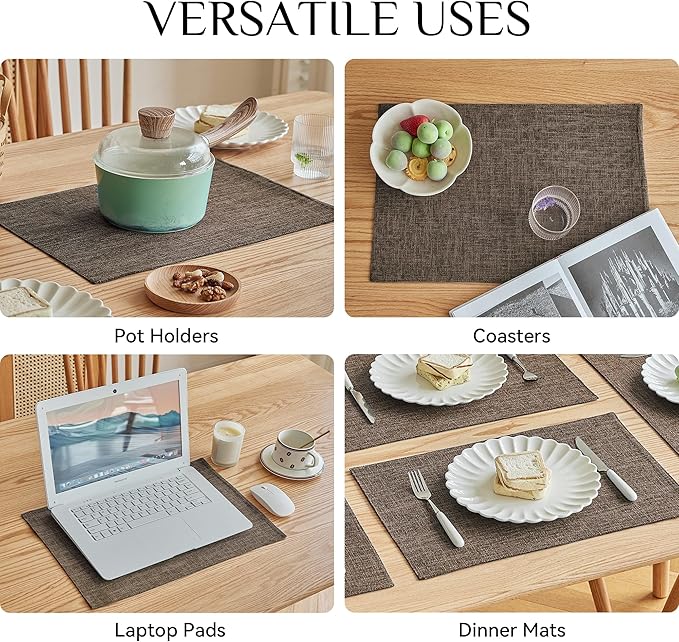 Softalker Faux Linen Placemats Set of 12-12 x 18 Inch, Heat Resistant Double Layered Durable Burlap Farmhouse Place Mats, Non-Slip Washable Rustic Table Mats for Dining, Kitchen, Party（Brown