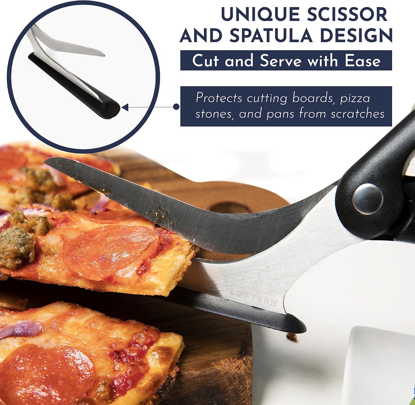 Loftern Pizza Scissors - Non-Stick Pizza Scissors with Firm Grip Base - Food Grade Stainless Steel Pizza Cutter - 5-in-1 Food Slicer & Pizza Server - Durable, Safe & Mess Free
