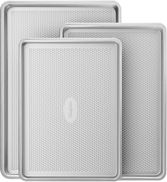 HONGBAKE Naturally Non Toxic Baking Sheet Pan Set of 3, Heavy Duty Aluminized Steel Cookie Sheets, Half/Quarter/Jelly Roll Pans with Textured Nonstick Surface, Free of PTFE & PFOA