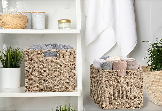 Seagrass Storage Baskets, 12X12X10in Cube Wicker Storage Basket for Shelves, Pantry Baskets Organization and Storage, Kitchen Storage Baskets, Bathroom Shelves Storage Basket Set of 3