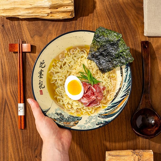 Japanese Ramen Bowl Set with Great Wave Design - 60oz Large Ceramic Bowls, Spoons, Chopsticks for Ramen, Pho, Salad, Poke - Premium Gift for Ramen Lovers - Microwave & Dishwasher Safe