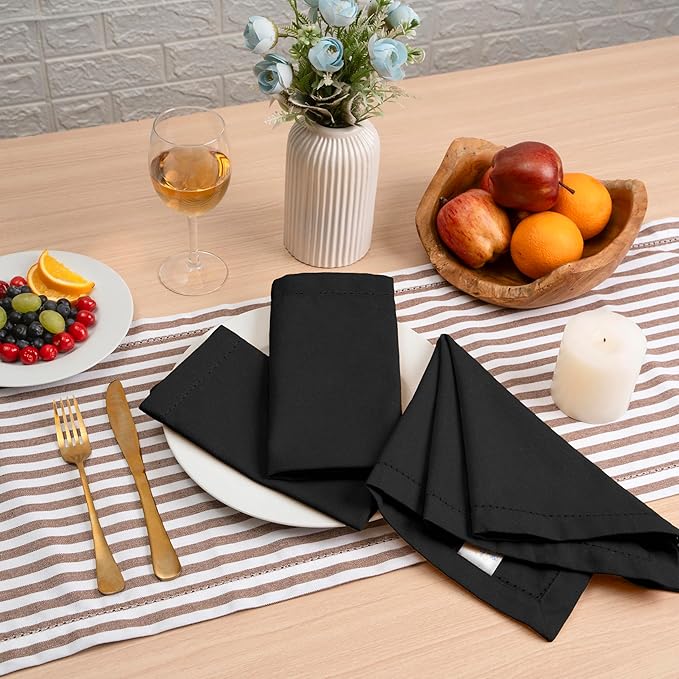 Blue Needles Set of 12 Hemstitch Linen Napkins 100% Cotton Black Cloth Dinner Napkins 18x18 inches, Soft, Reusable, Absorbent, Washable, Ideal for Fall Thanksgiving Events, Parties & Everyday Use