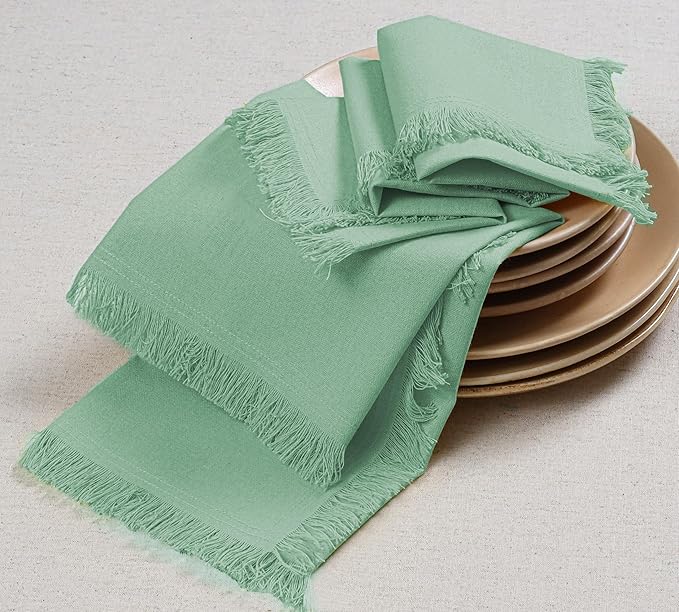 Bedding Craft Cotton Cloth Dinner Napkins Set of 12 – 18x18 Bird Egg Gray (Sea Green) with Fringed Corners – Machine Washable Fabric Napkins for Weddings, Parties & Everyday Dining