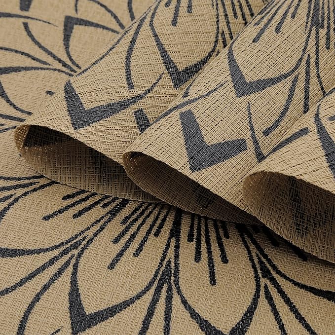 SHACOS 15 inch Round Vinly Placemats Set of 6 Boho Flower Print Place Mats Wipeable Non Slip Stain Heat Resistant Woven Table Mats Indoor Outdoor (6, Round Flower Black)