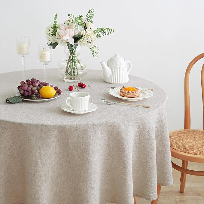 Linen World Linen Tablecloth, 100% French Linen Round Tablecloth 60" Inch, Washable Natural Tablecloth for Dining, Outdoor, Weddings and Restaurants, Decorative Valentine Easter