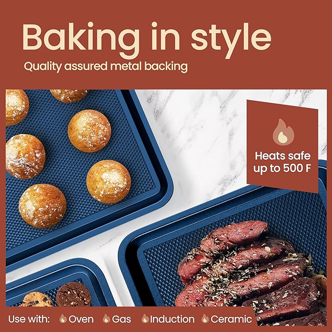 Diamond Bottom Cookie Sheet Set of 2, Nonstick Blue Carbon Steel Baking Pans for Crisp Baking, Space-Saving Stackable Trays, PFOA, PFOS, PTFE Free, Oven Safe Up to 450°F, Small & Medium Pans