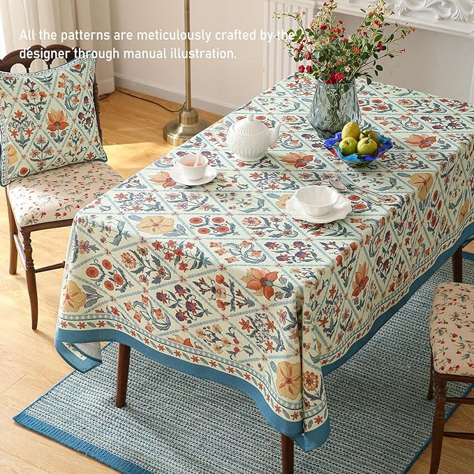 French Tablecloth for Rectangle Tables,Linen Table Cloth with Colorful Flowers and Leaves Pattern,Heavy Durable Soft Table Cover for Dining Kitchen Decor Party Christmas,55"*71"