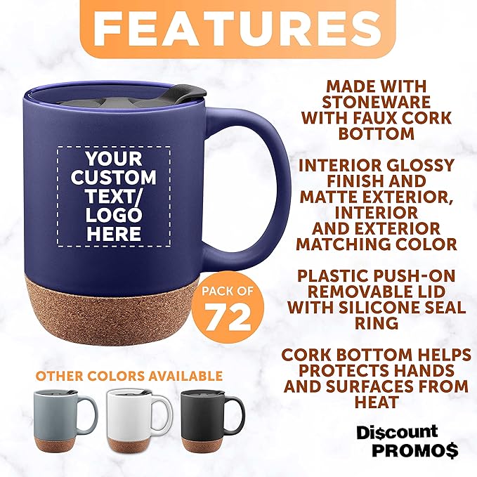 Custom Barista Ceramic Mugs with Cork Bottom 13 oz. Set of 72, Personalized Bulk Pack - Perfect for Coffee, Tea, Espresso, Hot Cocoa, Other Beverages - Blue