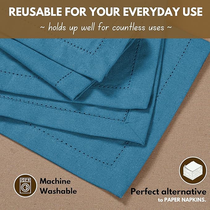 Native Fab Set of 4 Cotton Cloth Napkins, 18x18 inch, Hemstitch Mitered Corners, Soft, Absorbent, Durable Fabric, Reusable Linen Napkins for Wedding, Lunch, Dinner, and Everyday Use - Turquoise Blue