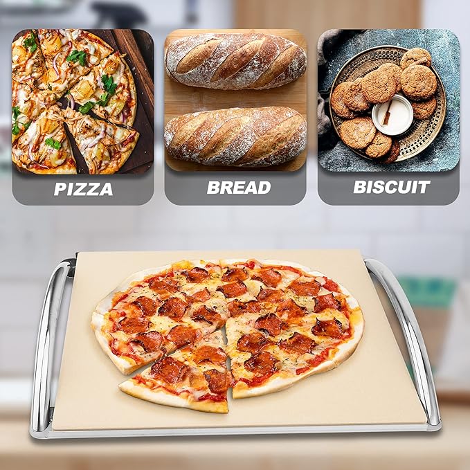 Skyflame 16” Rectangle Pizza Stone and Stainless Steel Rack with Handle, Heavy Duty Baking Stone Ideal for Most Charcoal/Gas Grills, Pizza Oven and Smoker