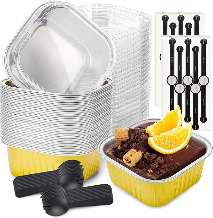 60 Pack Mini Cake Pans with Lids Square Mini Aluminum Pans Pie Tins Flan Containers for Wedding Birthday Party Gift (10 OZ, Gold)