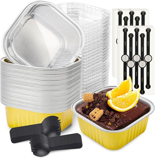 60 Pack Mini Cake Pans with Lids Square Mini Aluminum Pans Pie Tins Flan Containers for Wedding Birthday Party Gift (10 OZ, Gold)
