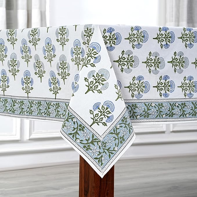 Ridhi Mughal Buta Blue Hand Block Print Cotton Rectangle Tablecloth 108 x 60 inch-Reusable Table Cover Decorative Everyday Use for Dining Room, Farmhouse, Thanksgiving, Christmas Wedding, Fall