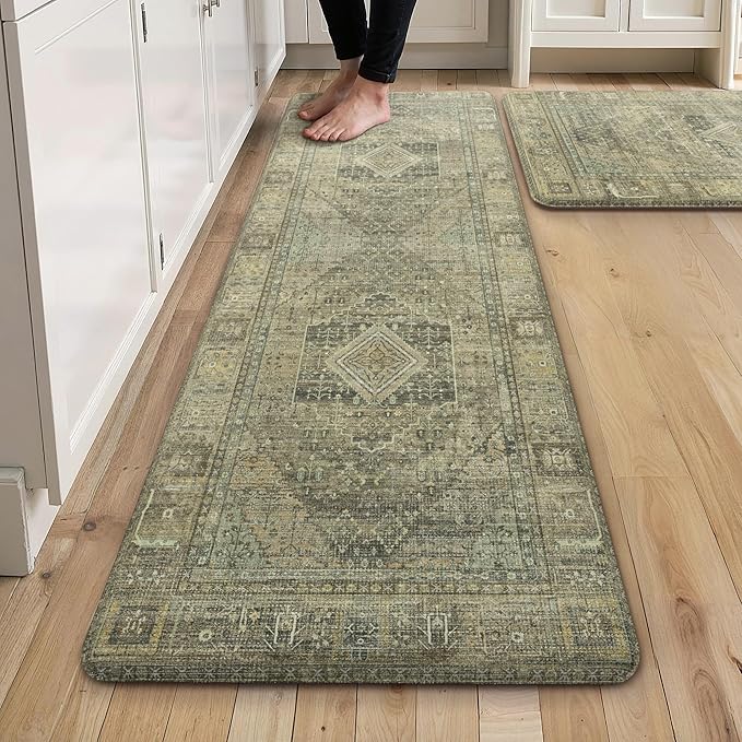 GENIMO Kitchen Mats for Floor 2PCs, Washable Anti Fatigue Mat for Cushioned, 17.3"x47"+17.3"x30", Waterproof Kitchen Rugs, Non Slip Comfort Standing Mat Rug for Home, Sink, Laundry, Tan