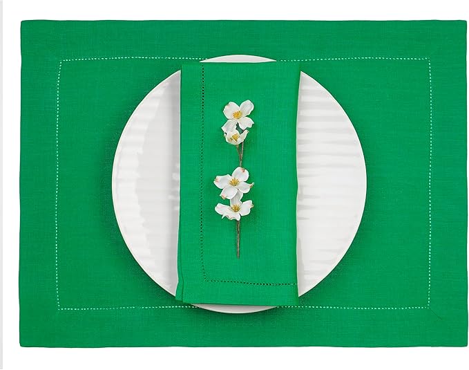 D'Moksha Homes Linen Placemats Set of 4 - Classic Hemstitch Kelly Green Placemats 14 x 19 Inch - 100% Pure Linen Table Mats for Thanksgiving, Christmas, Holiday - Handcrafted and Machine Washable