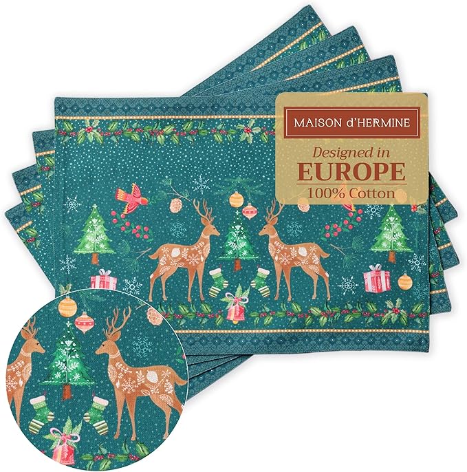 Maison d' Hermine Placemats Set of 4 100% Cotton Washable Cloth Place Mats, Reusable Table Mats for Thanksgiving Christmas Decorations Kitchen Dining Party Wedding (Hygge Christmas, 13" x 19")