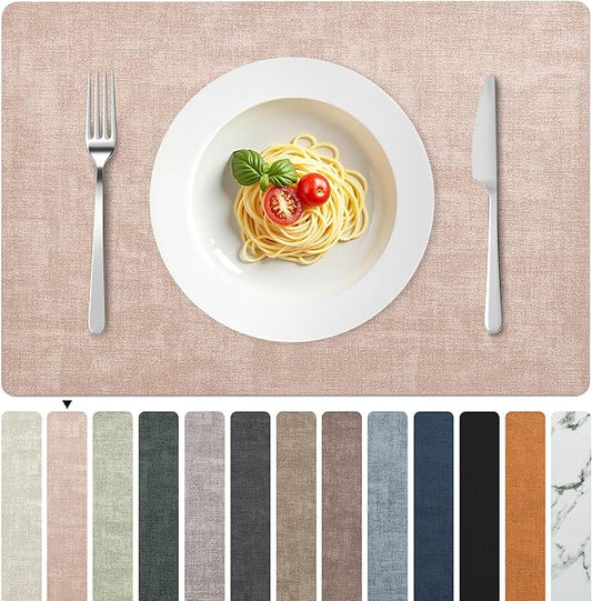 FROMHEART Faux Leather Placemats Set of 6–Waterproof,Heat/Oil Stain-Resistant PU Table Mat–Reversible,Non-Slip,Easy to Clean Place Mats for Kitchen,Dining,Indoor/Outdoor,(Pink,11.8" x 17")