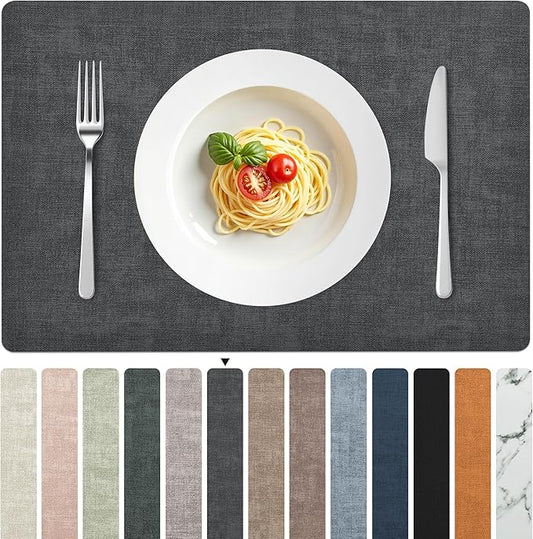FROMHEART Faux Leather Placemats Set of 6–Waterproof,Heat/Oil Stain-Resistant PU Table Mat–Reversible,Non-Slip,Easy to Clean Place Mats for Kitchen,Dining,Indoor/Outdoor,(Dark Grey,11.8" x 17")