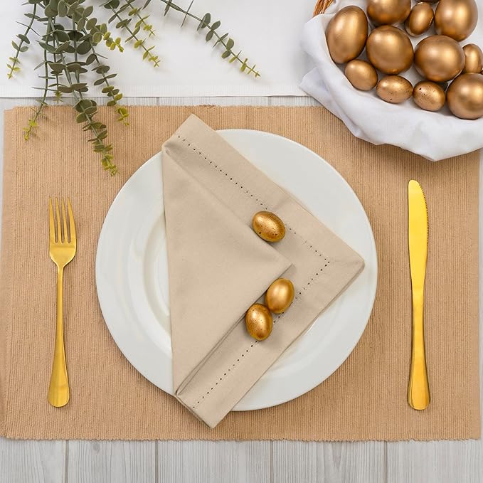 Blue Needles Set of 12 Hemstitch Linen Napkins 100% Cotton Beige Cloth Dinner Napkins 18x18 inches, Soft, Reusable, Absorbent, Washable, Ideal for Fall Thanksgiving Events, Parties & Everyday Use