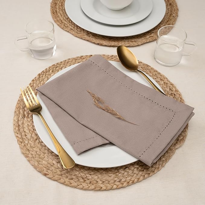 Blue Needles Set of 12 Hemstitch Linen Napkins 100% Cotton Chocolate Brown Cloth Dinner Napkins 18x18 inches, Soft, Reusable, Absorbent, Washable, Ideal for Fall Thanksgiving Parties & Everyday Use