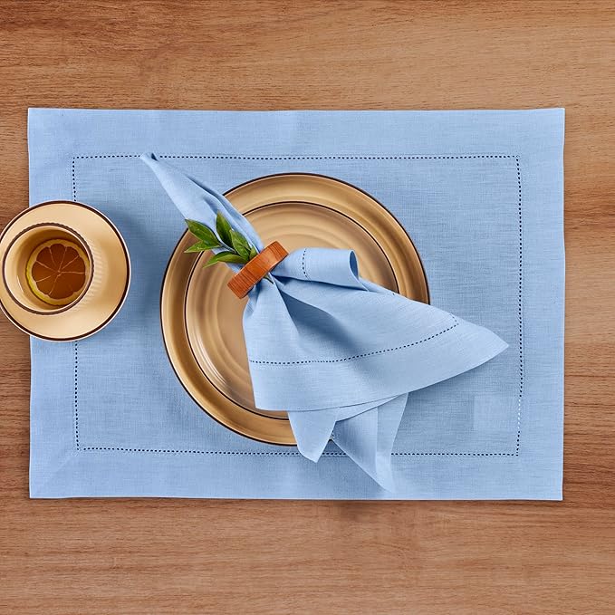 Solino Home Linen Cloth Placemats Set of 4-100% Pure Linen Hemstitch Cornflower Blue Placemats 14 x 19 Inch - Classic Hemstitch Table Place Mats for Christmas, Holiday
