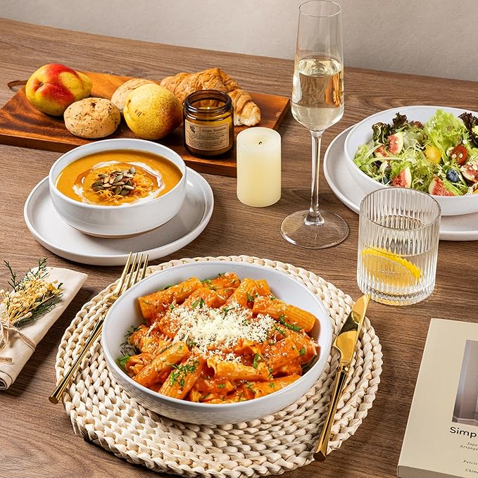 AmorArc Ceramic Dinnerware Sets with Pasta Bowls for 6, Handpainted Plates and Bowls Set with Rustic Terracotta Underside, Scratch Resistant Dishes Set, Dishwasher & Microwave Safe, 24 Pcs