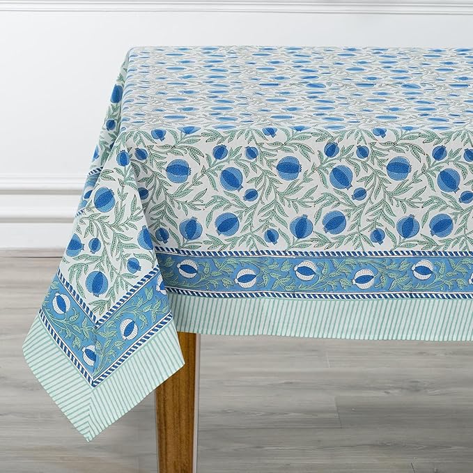 Ridhi Queen Blue Hand Block Print Cotton Rectangle Tablecloth 108 x 60 inches Reusable Table Cover Decorative Everyday Use for Dining Room, Farmhouse, Home, Party, Festive & Wedding, Fall