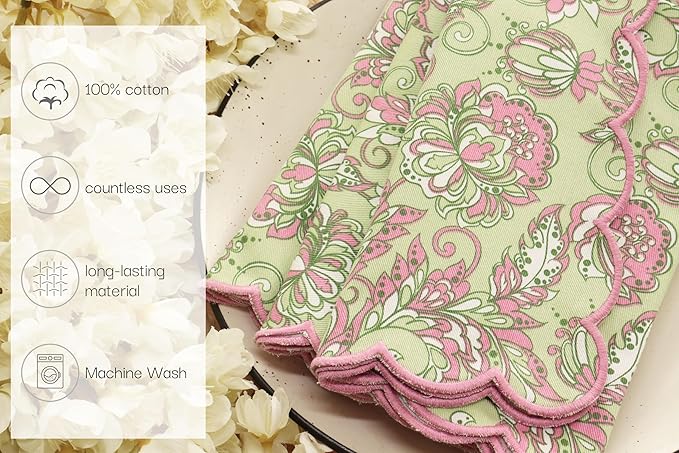 PurpleEssences Scalloped Embroidery Kalamkari Cloth Napkins Christmas Holiday Winter Table Decor 100% Cotton Set of 4-18 x 18 inch - Sage Green Edges - Blush Pink