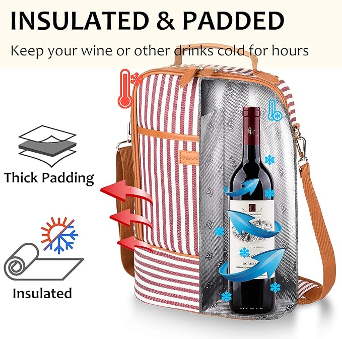 Tirrinia Insulated 2 Bottle Wine Gift Tote Bag - Wine Tumbler Glass Cooler Carrier for BYOB Restaurants, Wine Tasting, Travel, Park, Beach, Great Wine Lover Gift, Red Stripe
