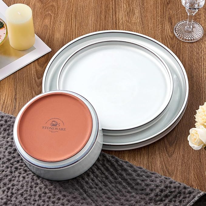 LIANYU Plates and Bowls Dinnerware Sets for 8, 24 Piece Stoneware Tableware Dishes Set Includes Dinner Dessert Plate Cereal Bowl, Rustic Terracotta Underside, Dishwasher & Microwave Safe, Lucent White